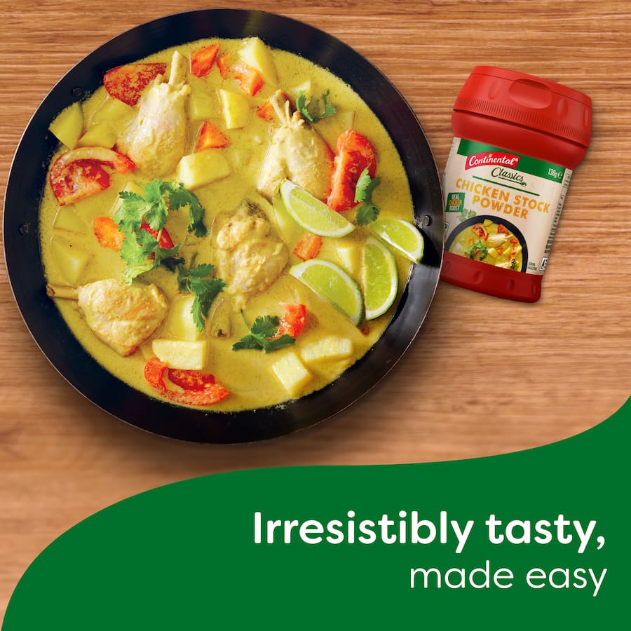 Continental Chicken Stock Powder in a container with a sprinkle lid, perfect for enriching soups, sauces, and more.