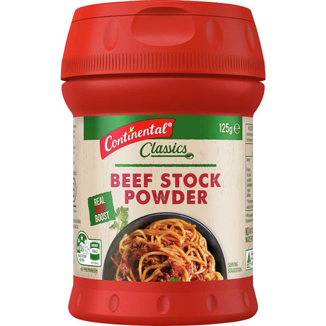 Continental Beef Stock Powder: versatile seasoning for rich flavor in soups, stews, casseroles, and more, in a convenient sprinkle lid.