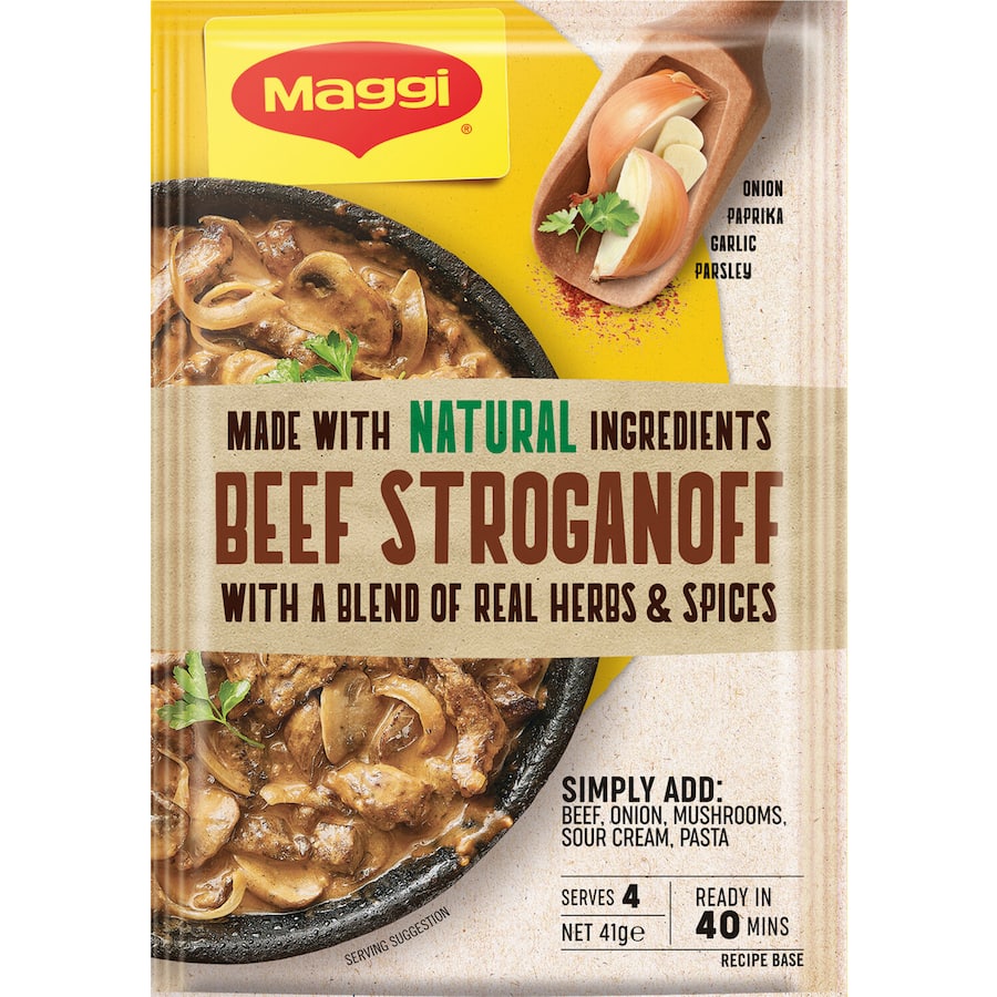 Maggi Recipe Base Beef Stroganoff, a natural ingredient cooking base for a quick, savory family meal in 40 minutes.