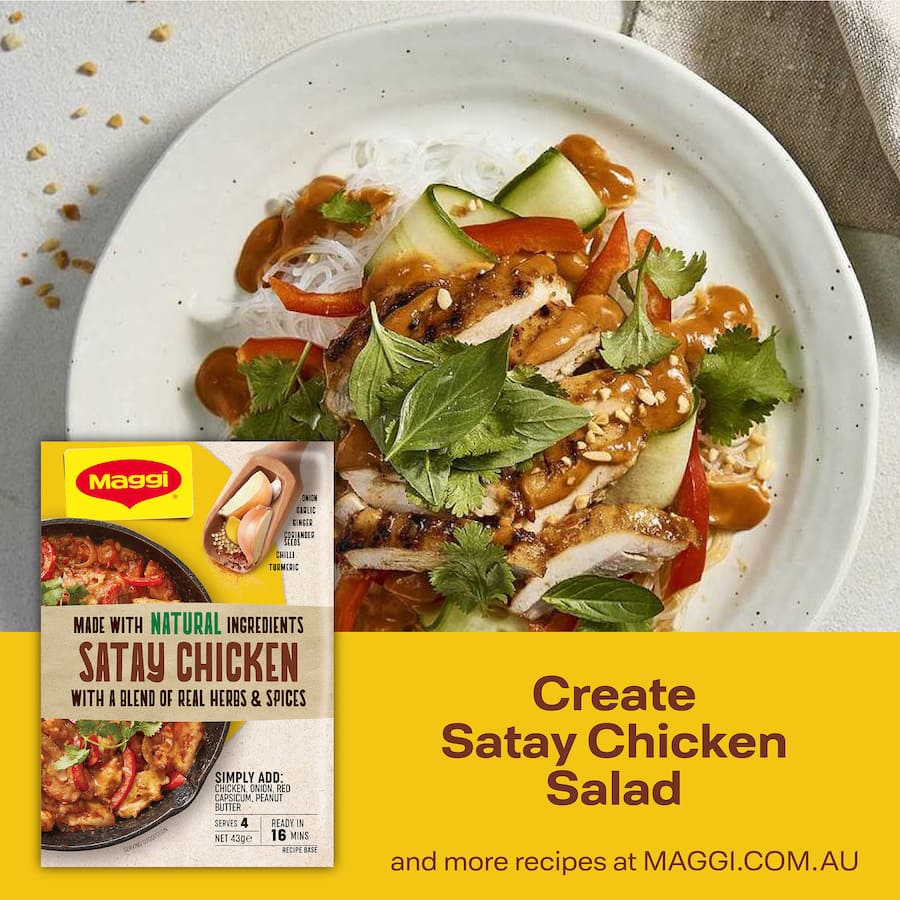 MAGGI Recipe Base Satay Chicken, a quick solution for flavorful meals with natural ingredients and rich peanut taste.