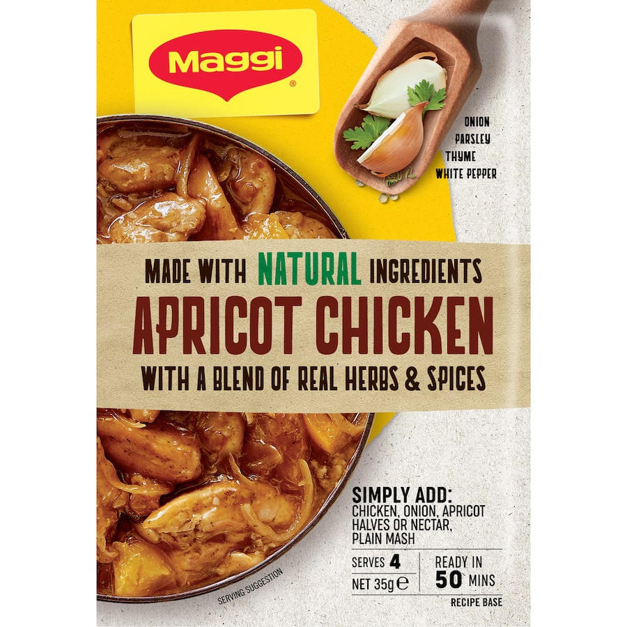 MAGGI Recipe Base Apricot Chicken: Natural ingredients blend sweet apricot and savory chicken for a quick family meal in 50 minutes.