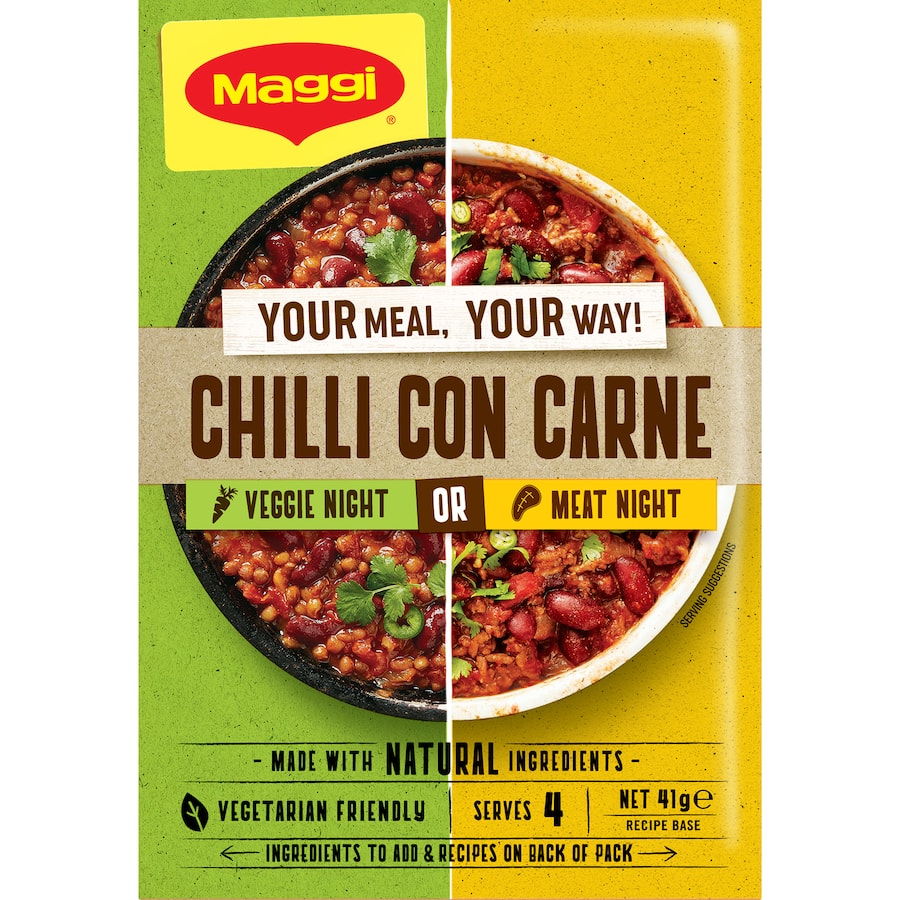 MAGGI Recipe Base Chilli Con Carne, a versatile mix for quick, flavorful meals, suitable for meat lovers and vegetarians alike.