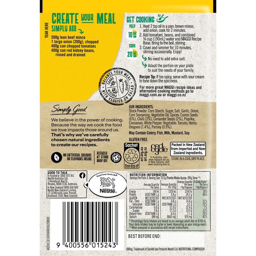 MAGGI Recipe Base Chilli Con Carne packaging showcasing natural ingredients for quick, delicious meals for all diets.