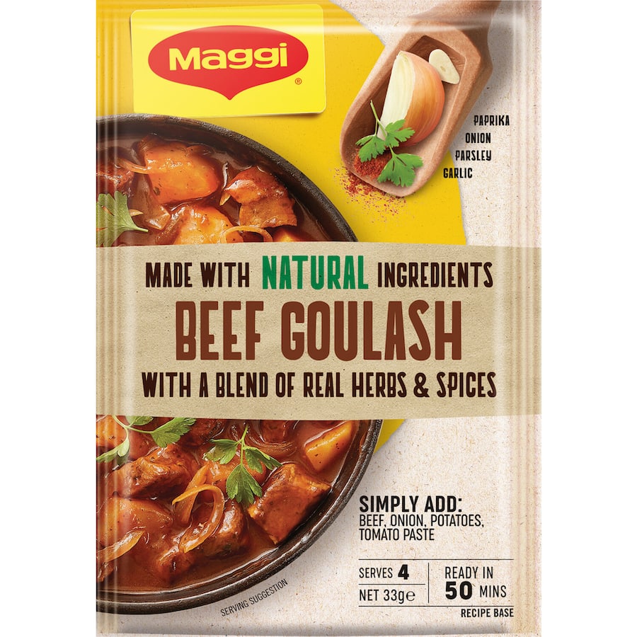 Convenient Maggi Beef Goulash Recipe Base for a hearty family dinner in just 50 minutes, made with natural ingredients.