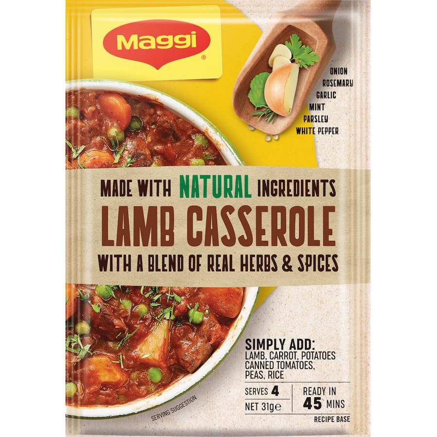 Hearty Maggi Recipe Base for lamb casserole, easy to use, delivering rich flavors for a comforting family meal.