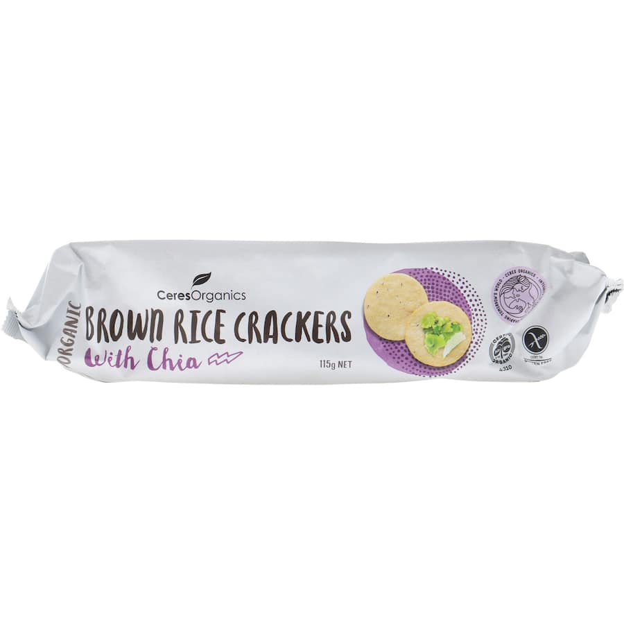 Ceres Organics Rice Crackers Chia: crispy organic snack with chia, sea salt, and no artificial ingredients, perfect for healthy munching.