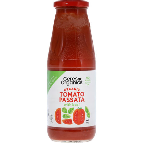 Ceres Organics Tomato Puree Tomato & Basil in a jar, showcasing rich organic tomatoes and aromatic basil for flavorful cooking.