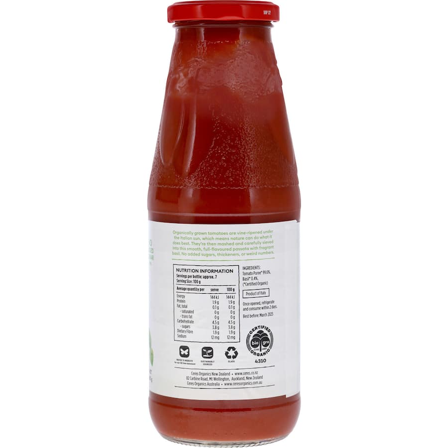 Organic tomato puree blended with aromatic basil, ideal for enhancing pastas, soups, and stews without added sugars.