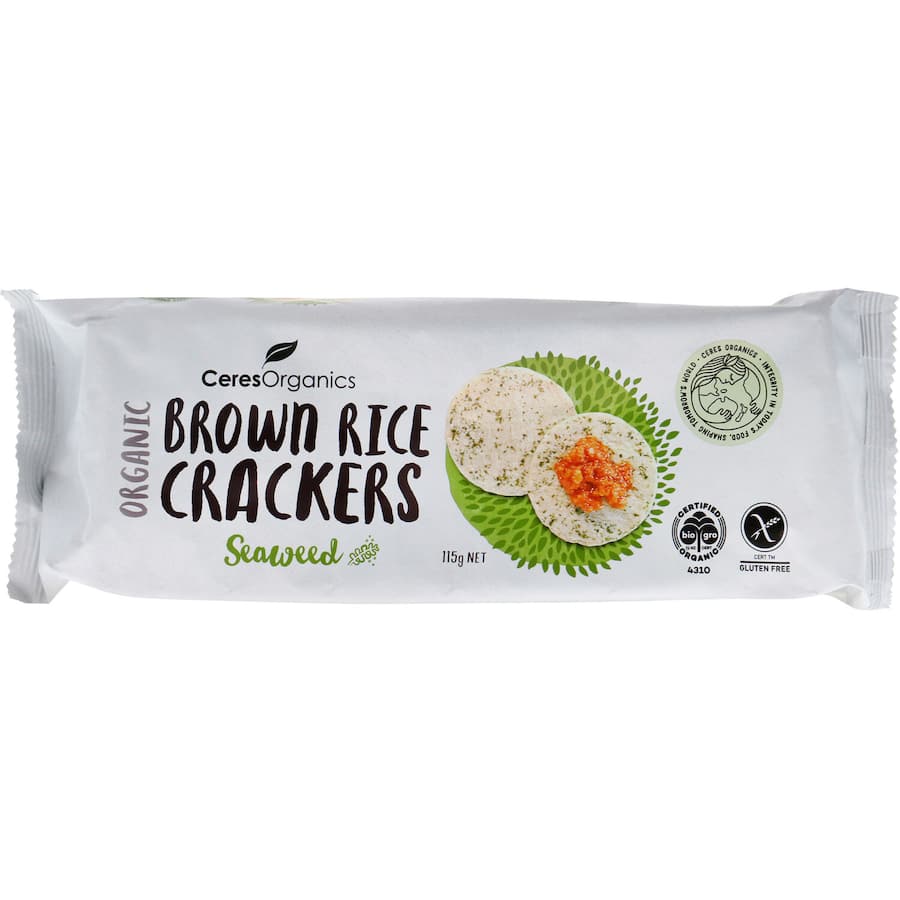 Ceres Organics Brown Rice Crackers with seaweed, gluten-free, crunchy, and made from organic wholegrain jasmine brown rice.