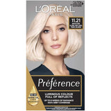 L'Oréal Paris Preference Moscow 11.21 hair dye offers bold color, 100% grey coverage, and radiant shine for up to 8 weeks.