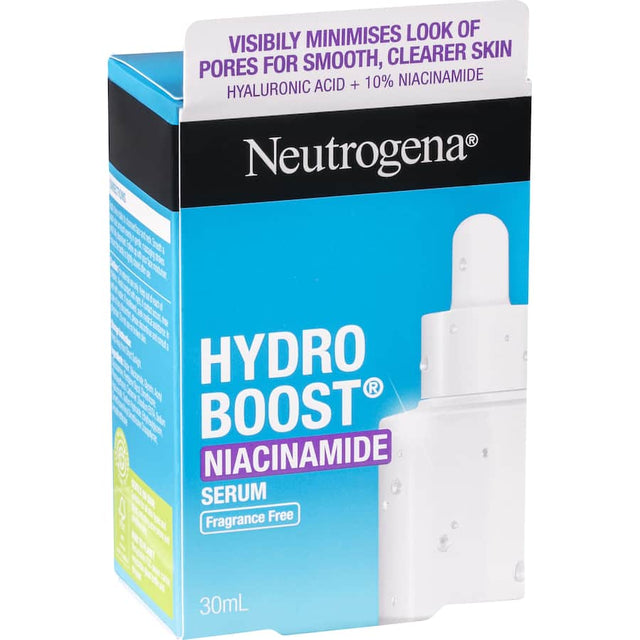 Neutrogena Hydro Boost Facial Serum with 10% Niacinamide and Hyaluronic Acid for radiant, hydrated skin and minimized pores.