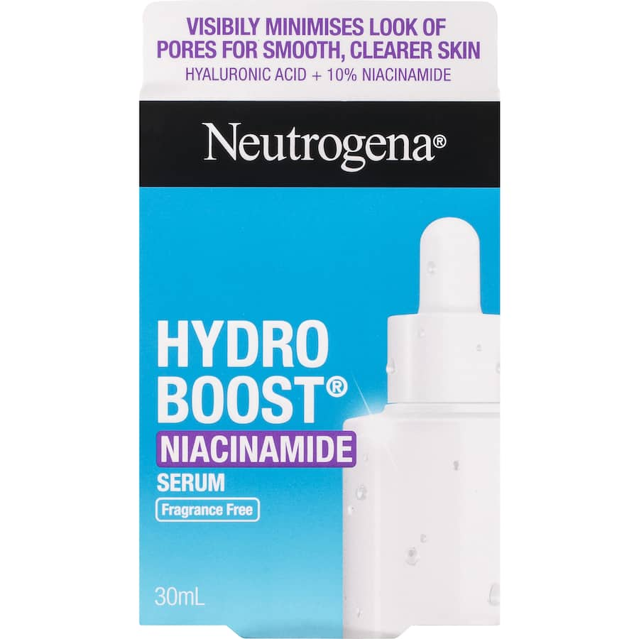 Neutrogena Hydro Boost Facial Serum with 10% Niacinamide, hydrating for a brighter, smoother complexion in 4 weeks.