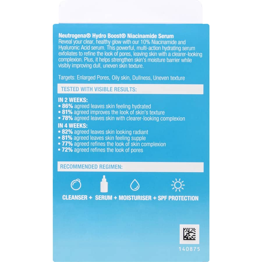 Neutrogena Hydro Boost Facial Serum with 10% Niacinamide for brightening and hydrating all skin types, promoting a radiant complexion.