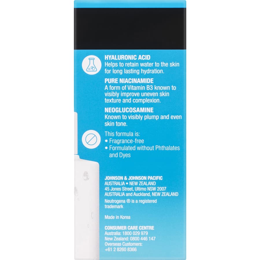 Neutrogena Hydro Boost Serum with 10% Niacinamide and Hyaluronic Acid for radiant, hydrated, and smoother skin.