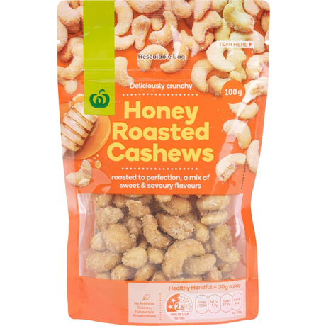 Woolworths Honey Roasted Cashews, crunchy and sweet, perfect for snacking or as a healthy, indulgent treat.