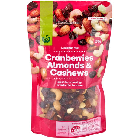 Woolworths Nut & Fruit Mix featuring cashews, cranberries, and almonds, perfect for a nutritious on-the-go snack.