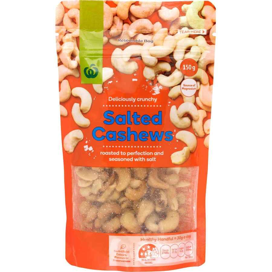 Woolworths Salted Cashews, buttery and nutritious, perfect for snacking, recipes, and healthy energy boosts.