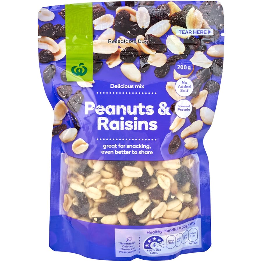 Woolworths Nut & Fruit Mix with almonds, cashews, walnuts, and raisins, perfect for healthy snacking anytime.