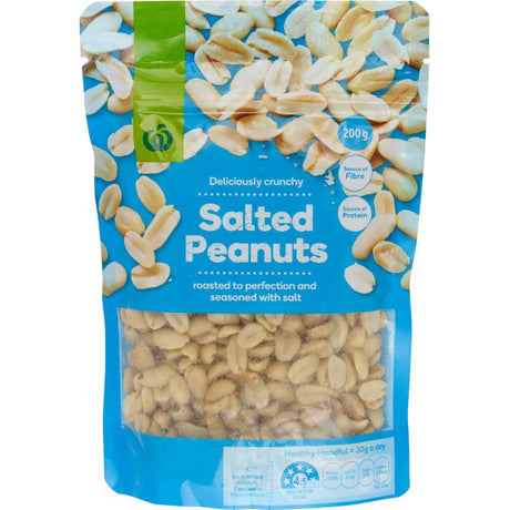 Deliciously crunchy Woolworths salted peanuts, roasted and seasoned, perfect for snacking or adding to dishes.