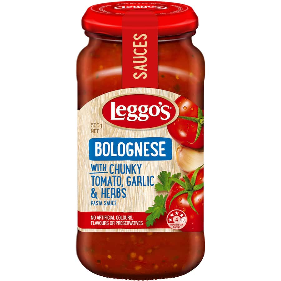 Leggo's Pasta Sauce Bolognese, rich tomato sauce with meat, garlic, and herbs for authentic Italian pasta dishes.