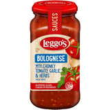 Leggo's Pasta Sauce Bolognese, rich tomato sauce with meat, garlic, and herbs for authentic Italian pasta dishes.