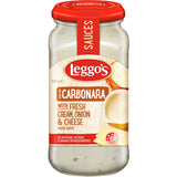 Leggo's Pasta Sauce Carbonara, a creamy blend of fresh cream, cheese, and herbs for gourmet pasta meals.