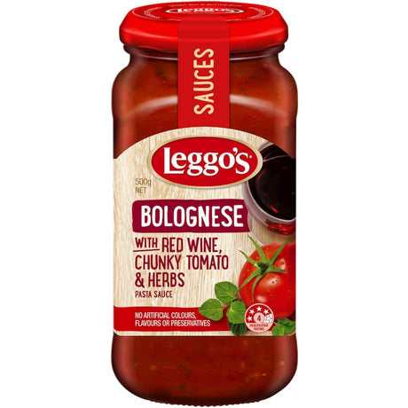 Rich Leggo's Bolognese Pasta Sauce featuring red wine, tomatoes, and herbs for a gourmet Italian flavor experience.