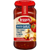 Leggo's Roasted Garlic Tomato & Onion Pasta Sauce in a jar, featuring rich tomato, roasted garlic, and onion flavors, gluten-free and vegan.