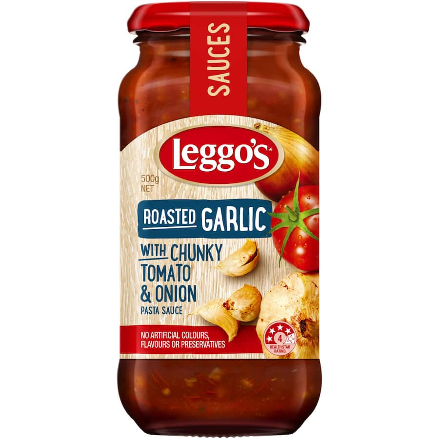 Leggo's Pasta Sauce with roasted garlic, tomato, and onion, offering a rich, natural flavor for any pasta dish.