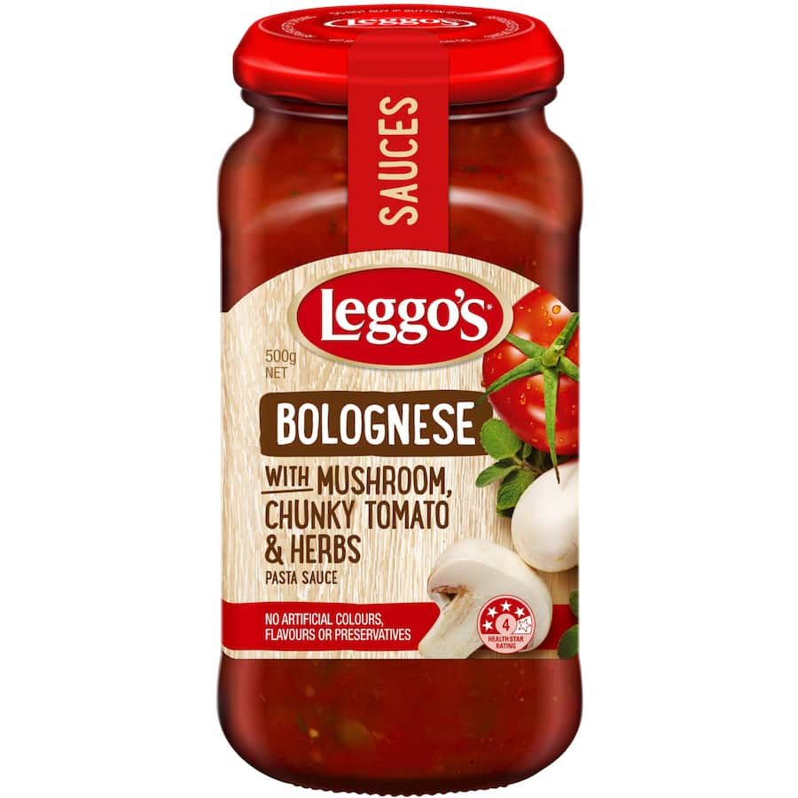 Leggo's Bolognese Pasta Sauce with Mushroom, Tomato & Herbs, featuring rich flavors and no artificial ingredients.