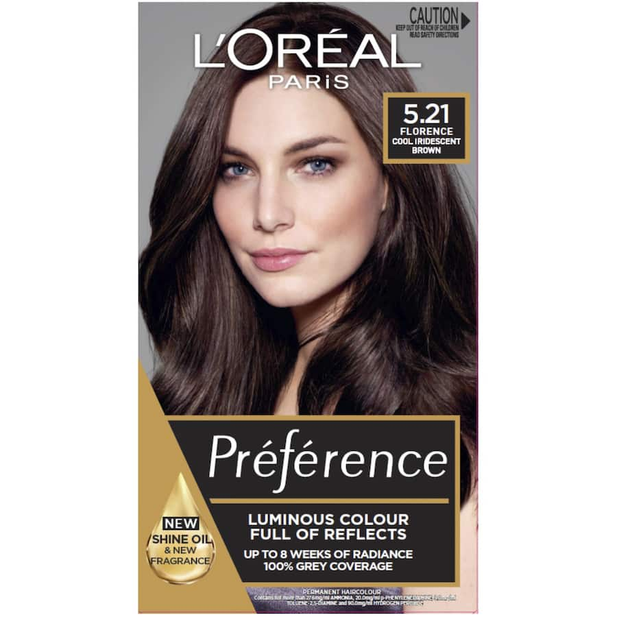 L'Oreal Paris Preference 5.21 hair color, offering vibrant, 100% grey coverage with a luminous, shiny finish.