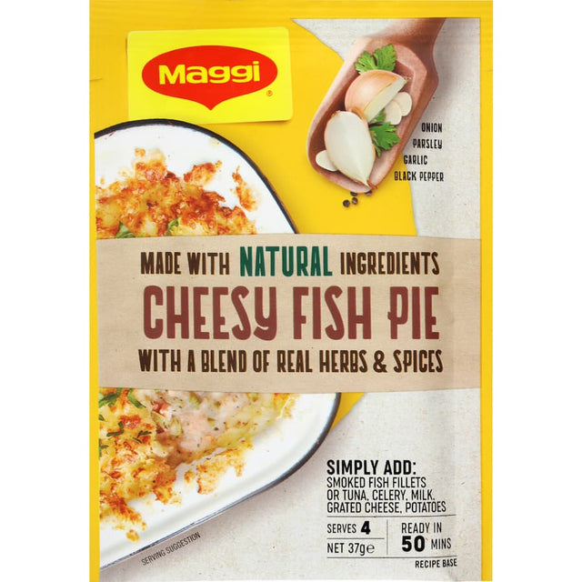 Maggi Recipe Base Fish Pie, a convenient mix for a delicious family fish pie with smoked fish, celery, cheese, and potatoes.