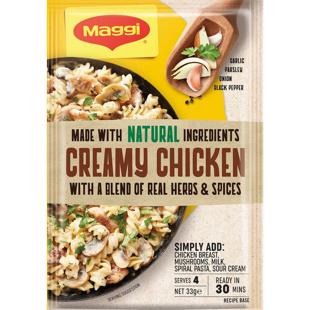 Maggi Recipe Base Creamy Chicken for quick, flavorful meals; just add chicken, mushrooms, milk, and pasta.