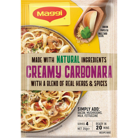 Creamy Carbonara recipe base by Maggi, perfect for quick, flavorful pasta dishes with fettuccine, bacon, and mushrooms.