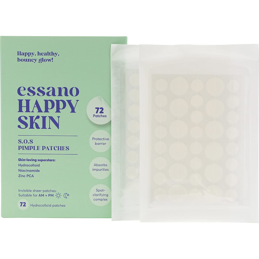 Essano Pimple Patch Happy Skin SOS: hydrocolloid patches for fast acne healing, reducing redness and protecting blemishes.