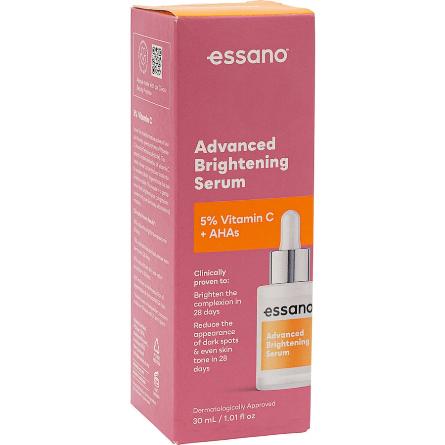 Essano Facial Serum Advanced Brightening Vitamin C boosts radiance, reduces dark spots, and evens skin tone with gentle, stable formula.