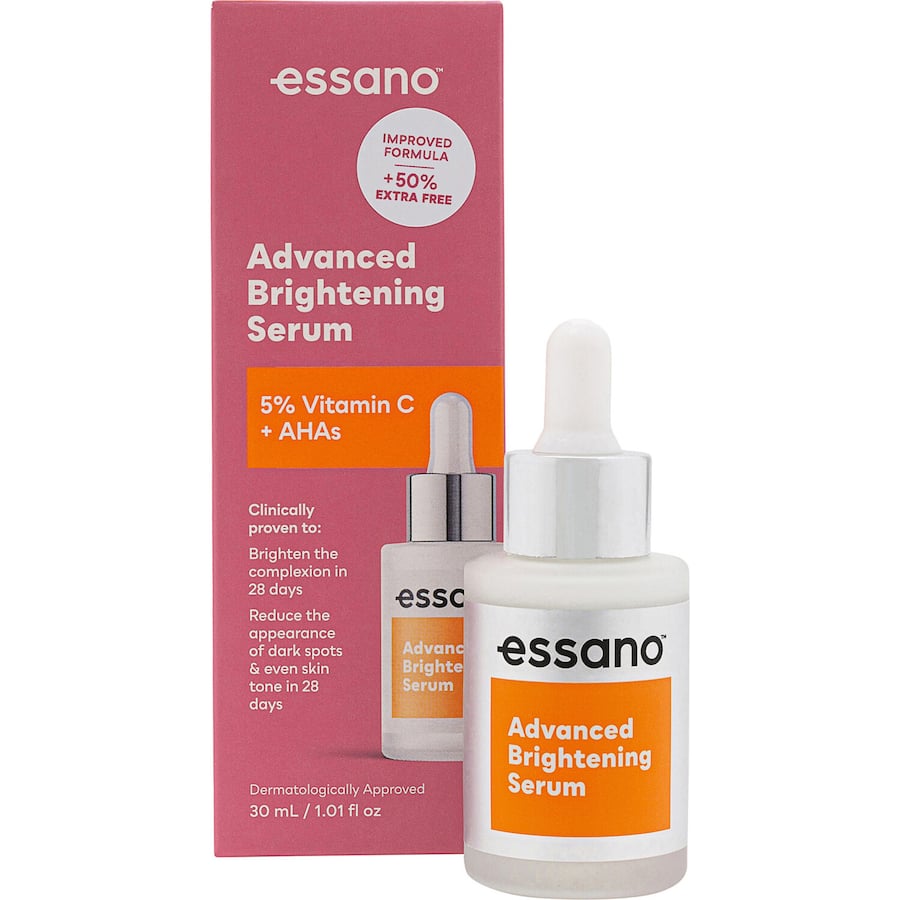 Essano Facial Serum with Vitamin C, designed to brighten skin, reduce dark spots, and enhance complexion in 28 days.