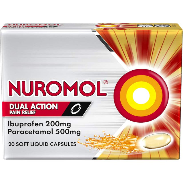 Nuromol liquid capsules offer dual-action pain relief with ibuprofen and paracetamol for fast relief from various pains.