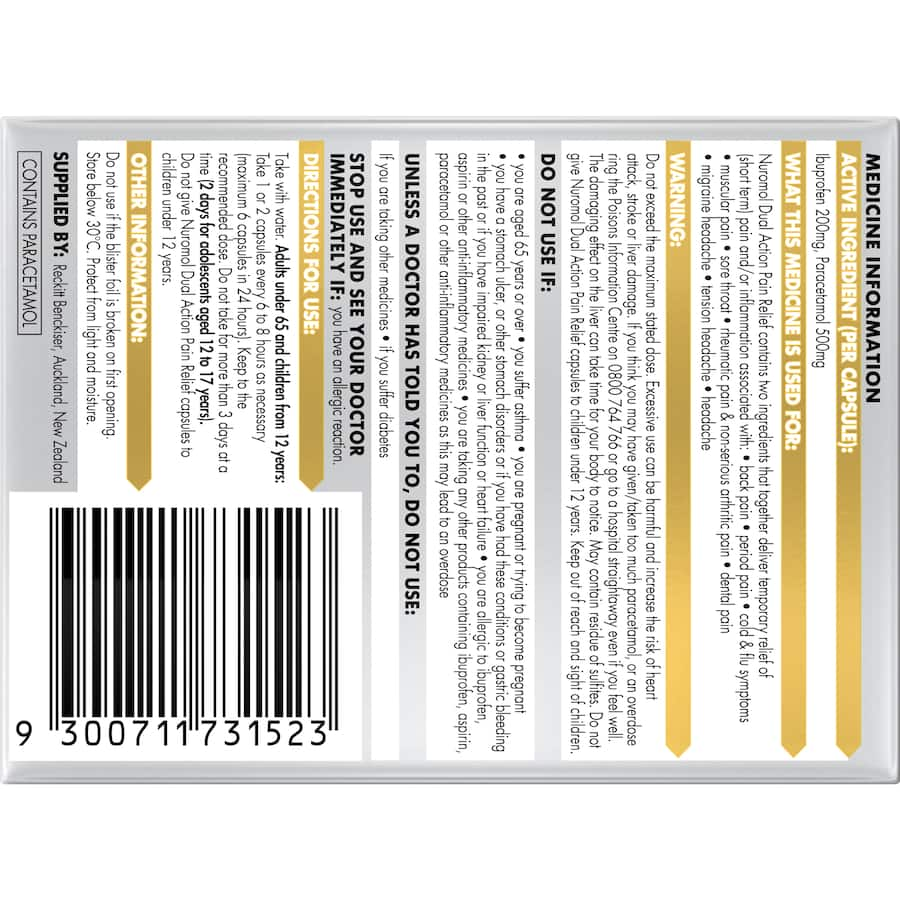 Nuromol Dual Action Liquid Capsules for quick relief from various pains, combining ibuprofen and paracetamol in one capsule.