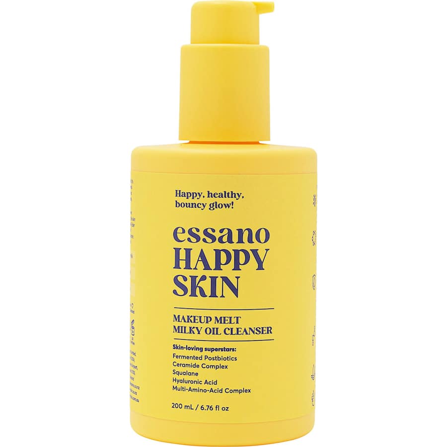 Essano Oil Cleanser Happy Skin: a milky oil cleanser that gently removes makeup and impurities, nourishing and hydrating the skin.