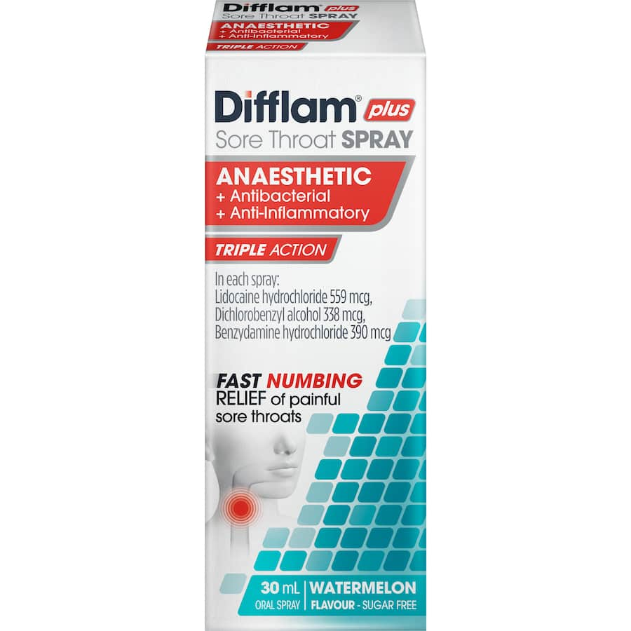 Difflam Plus Sore Throat Spray for rapid relief from throat pain, combining anaesthetic, antibacterial, and anti-inflammatory effects.