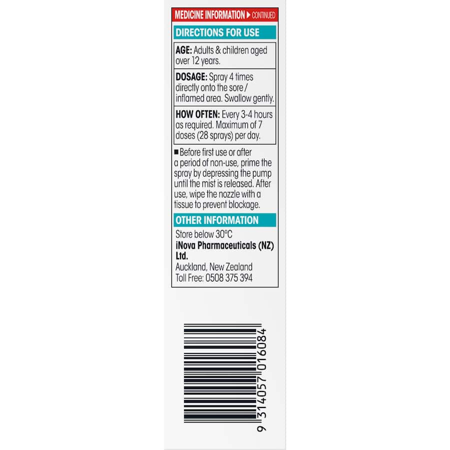 Difflam Plus Sore Throat Spray for rapid numbing, antibacterial action, and anti-inflammatory relief from sore throat pain.