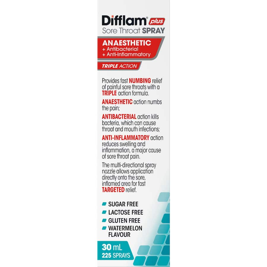 Difflam Plus Sore Throat Spray delivering rapid numbing relief with antibacterial and anti-inflammatory benefits for throat pain.