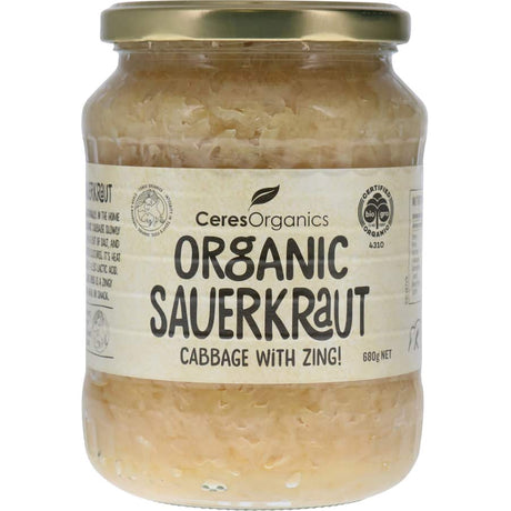 Ceres Organics Sauerkraut in a jar, showcasing vibrant, crunchy cabbage, perfect for gut health and a zesty meal enhancer.