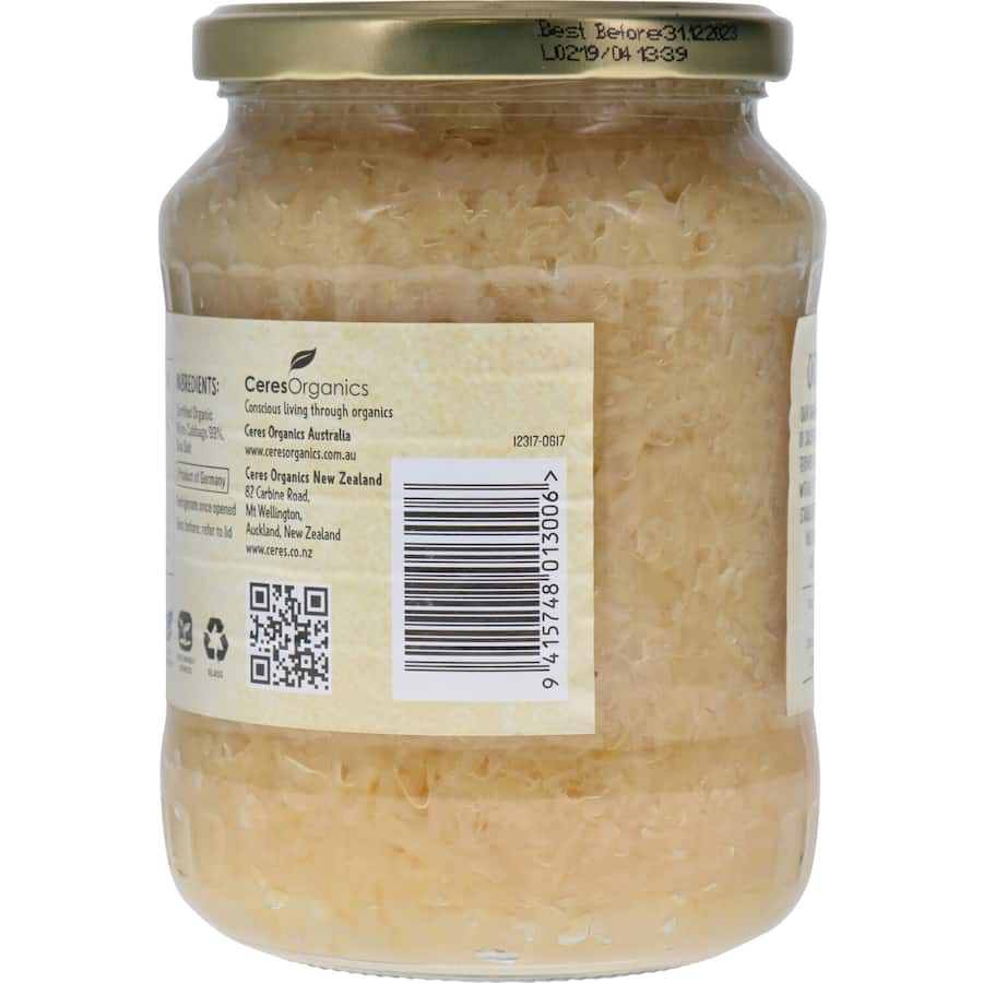 Ceres Organics Sauerkraut in a jar, featuring premium organic cabbage, probiotic-rich, tangy, and gluten-free for healthy meals.