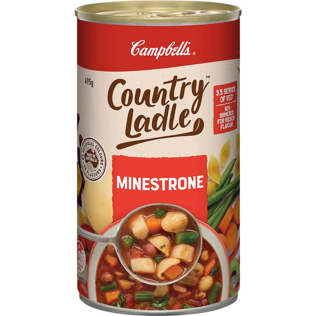 Can of Campbell's Country Ladle Minestrone Soup, 495g, full of vegetables, fiber-rich, 99% fat-free, no artificial ingredients.