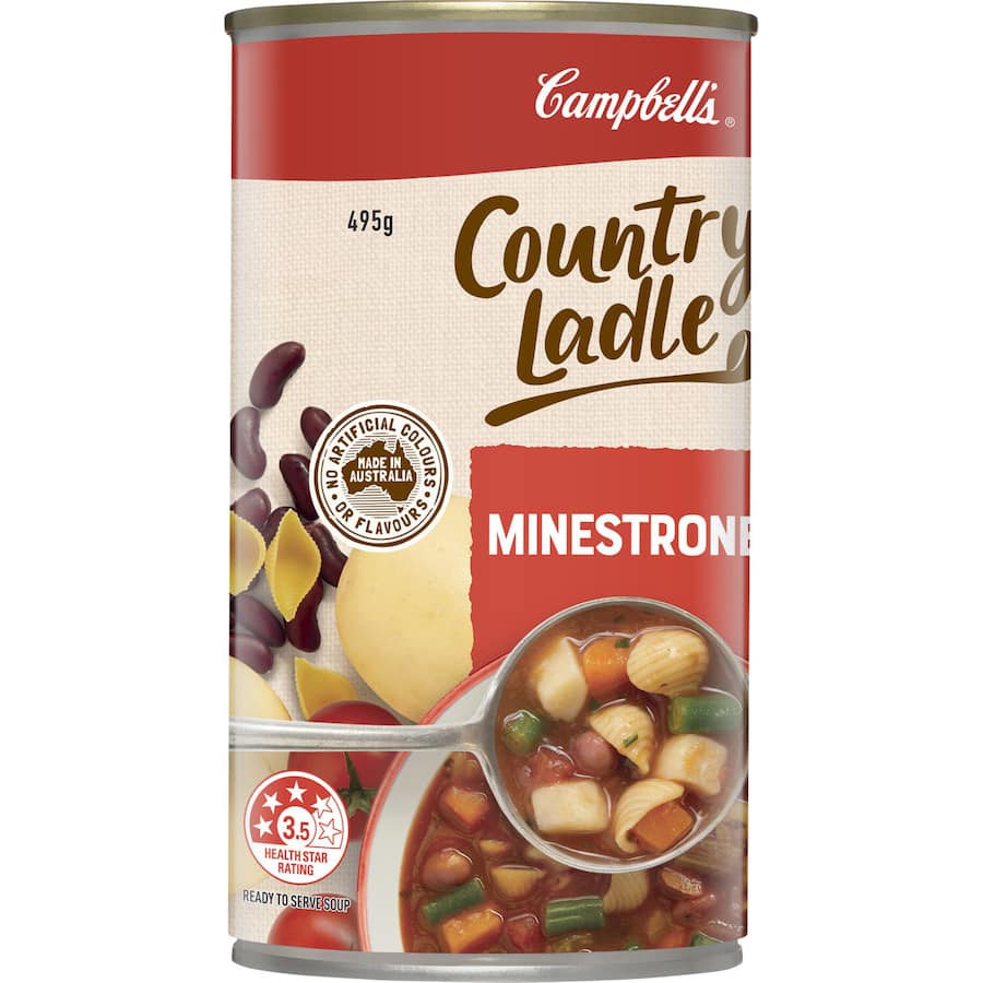 Campbell's Country Ladle Minestrone soup can, 495g, featuring vegetables, herbs, fiber-rich, 99% fat-free, no artificial additives.