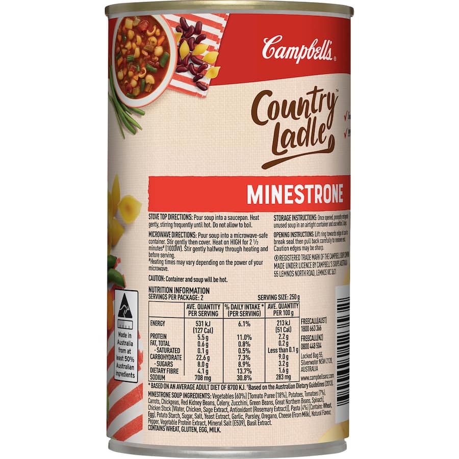 Campbell's Country Ladle Minestrone Soup, 495g can, featuring a veggie blend, fiber-rich, and 99% fat-free.