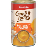 Campbell's Country Ladle Butternut Pumpkin Soup can, featuring 100% Australian pumpkin, vegetarian, and 99% fat-free, 505g.