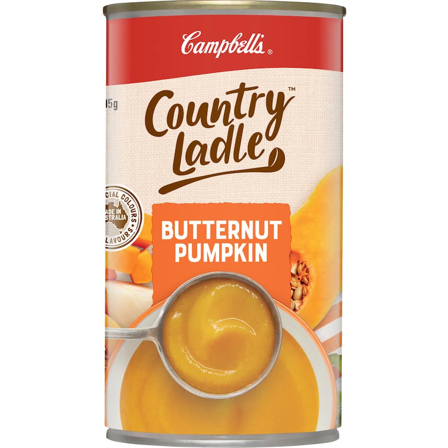 Canned Campbell's Butternut Pumpkin Soup, 505g, featuring 100% Australian pumpkin, fiber-rich, vegetarian, and all-natural.